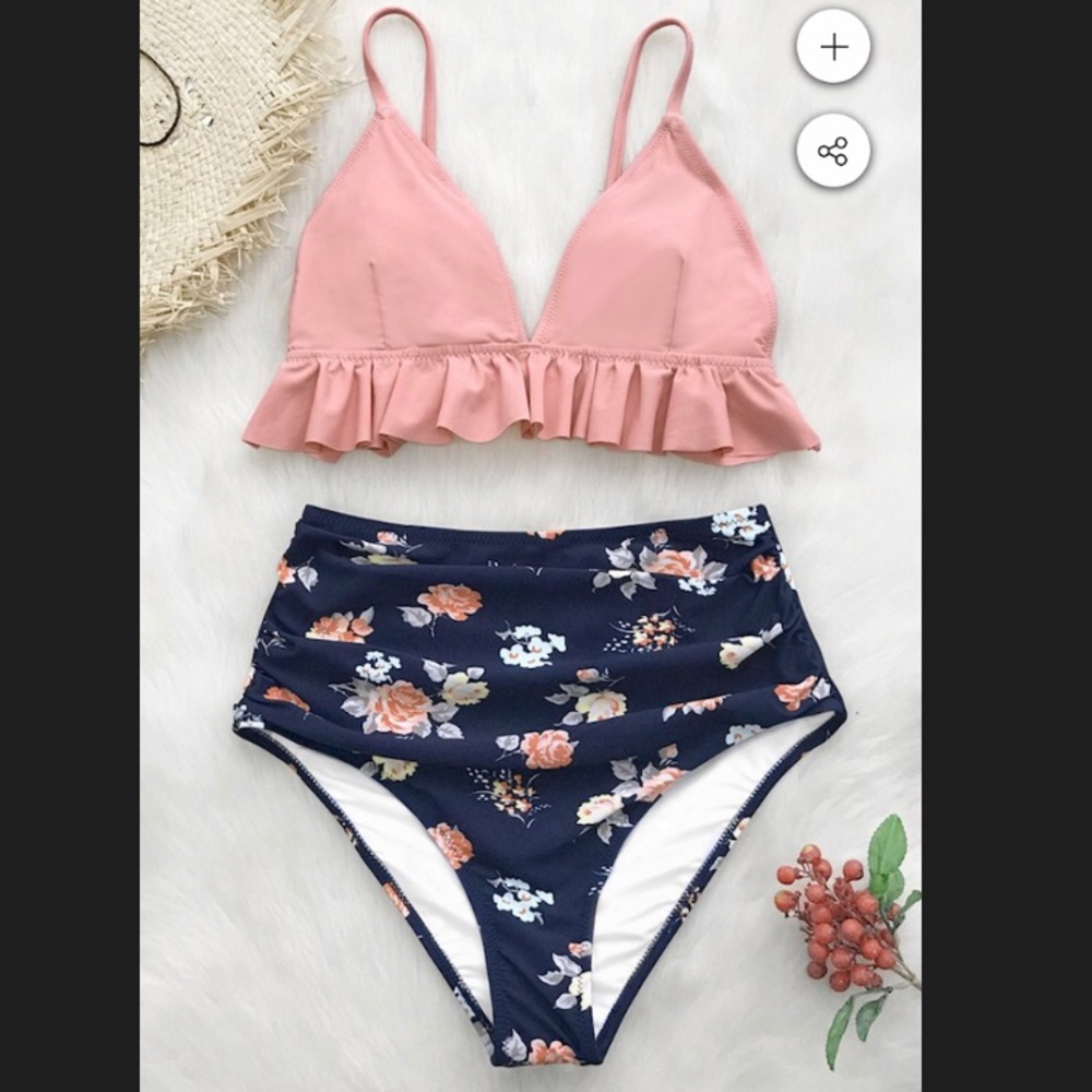 High-waisted floral swim bottoms and pink top, M